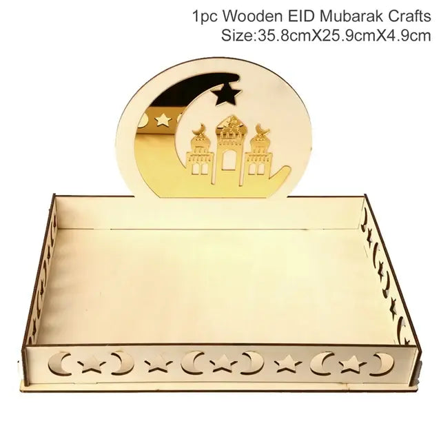 Wooden Eid Mubarak serving tray with cut-out crescent moons and stars, plus a decorative back panel showing a crescent moon, star, and mosque silhouettes; text reads “1pc Wooden EID Mubarak Crafts Size: 35.8cm×25.9cm×4.9cm