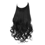 Long black halo hair extension with loose waves and curled ends, shown against a white background.