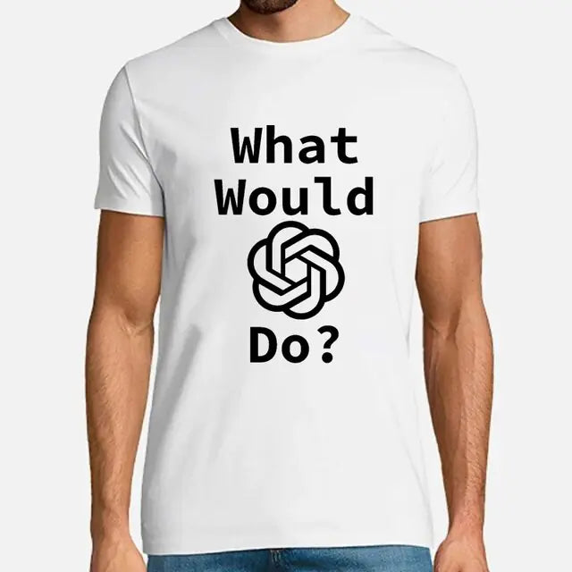 White T-shirt with “What Would [logo] Do?” text printed on the front.
