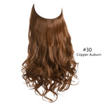 The image features a long, wavy hair extension in a Copper Auburn shade (#30). The hair has a natural flow with soft curls and a rich, warm brown color with reddish undertones.