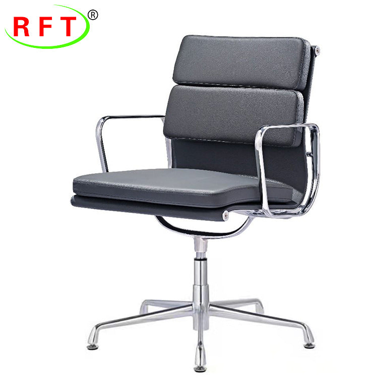 Gray office chair with chrome frame on a white background, featuring the RFT logo.