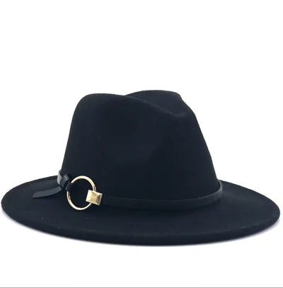 Black wide-brim fedora-style hat with a band featuring a gold ring and small buckle detail, shown on a white background.