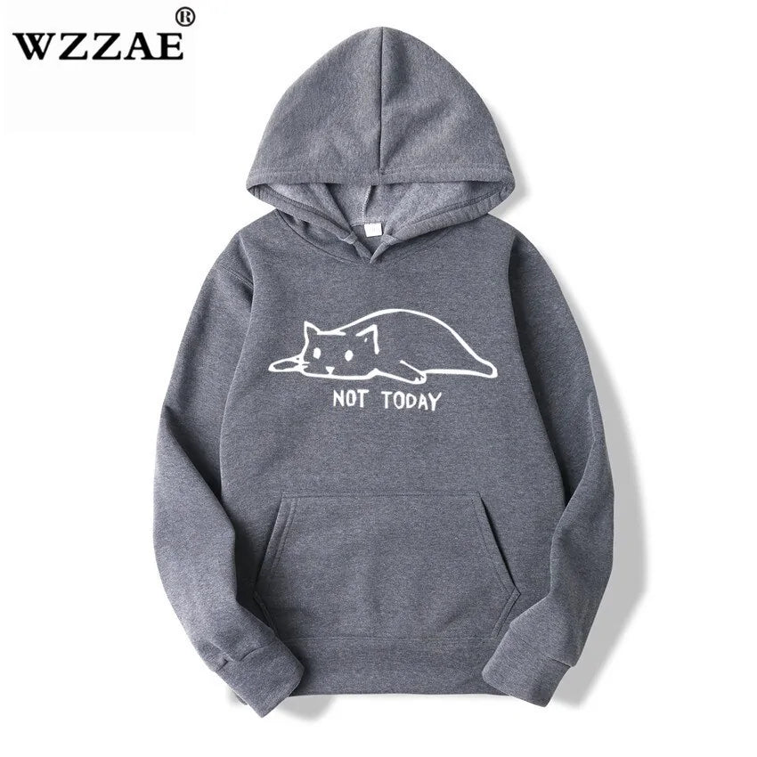 Grey pullover hoodie with a front pocket, featuring a simple cat graphic and the text “NOT TODAY” on the chest.
