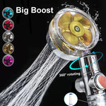 A high-pressure handheld shower head with a built-in turbine-style fan design, shown spraying multiple water streams. The image highlights a 360-degree rotating head, push-button control, replaceable filter element, and several available fan color options.