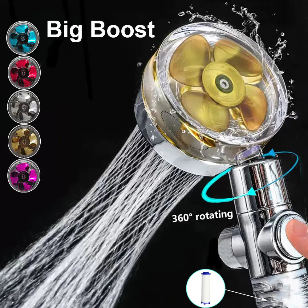A high-pressure handheld shower head with a built-in turbine-style fan design, shown spraying multiple water streams. The image highlights a 360-degree rotating head, push-button control, replaceable filter element, and several available fan color options.