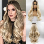 Product collage of a long, wavy ombré wig on a mannequin, with medium brown roots blending into blonde ends; shown in front and back views on a white background.