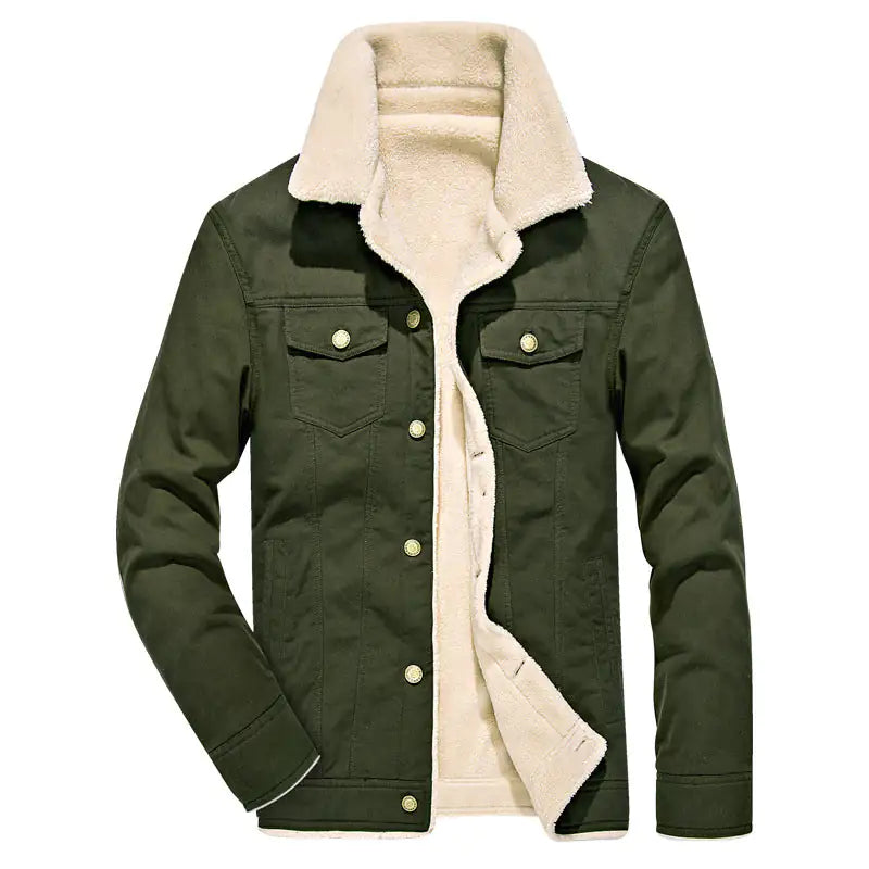 Olive green jacket with a cream sherpa lining and oversized collar.