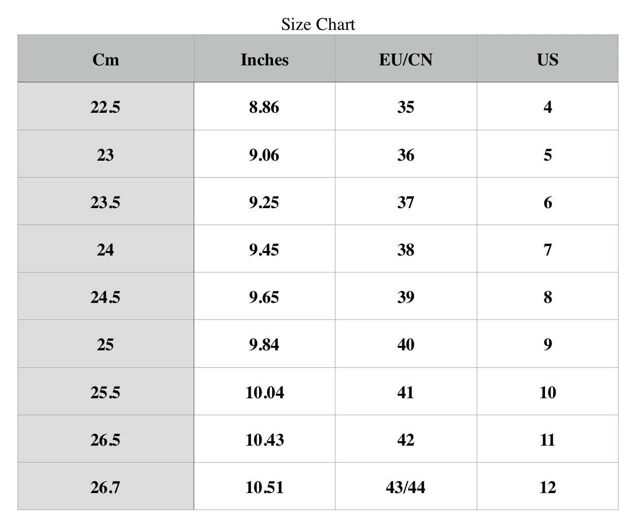 Women's Fabric Slip On Platform Shoes Size Chart