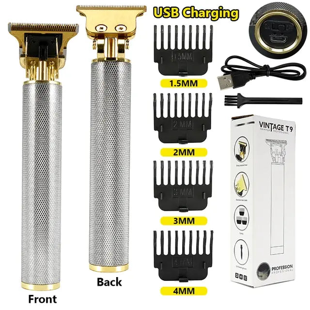 Product collage of a rechargeable hair trimmer showing front and back views, labeled “USB Charging,” with three clipper guards (1mm, 2mm, 3mm), a USB cable, cleaning brush, oil bottle, blade cover, and the retail box on a white background.