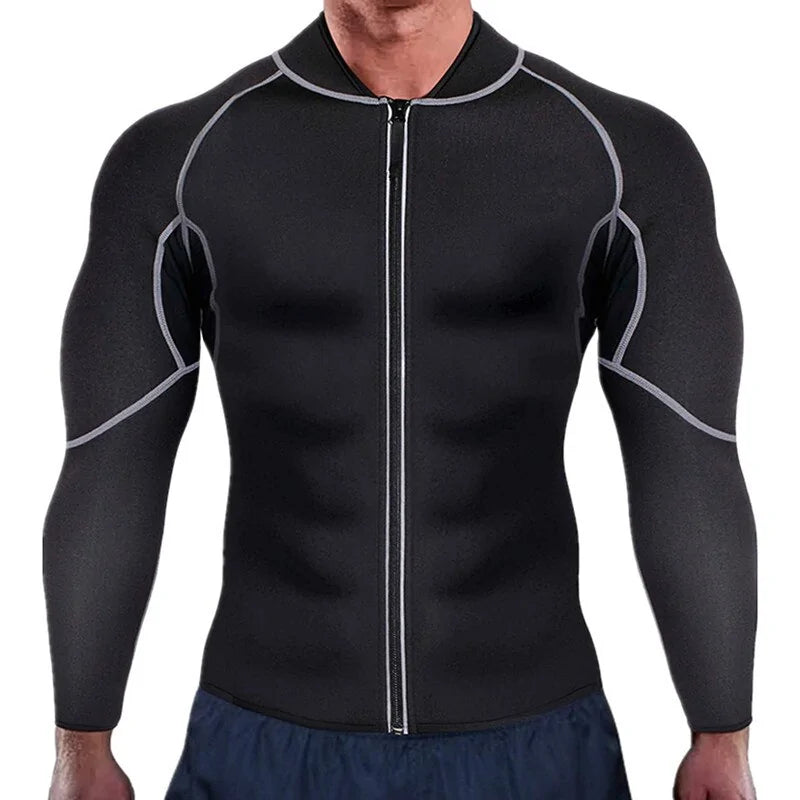 Black men’s long-sleeve compression zip top with grey seam detailing.
