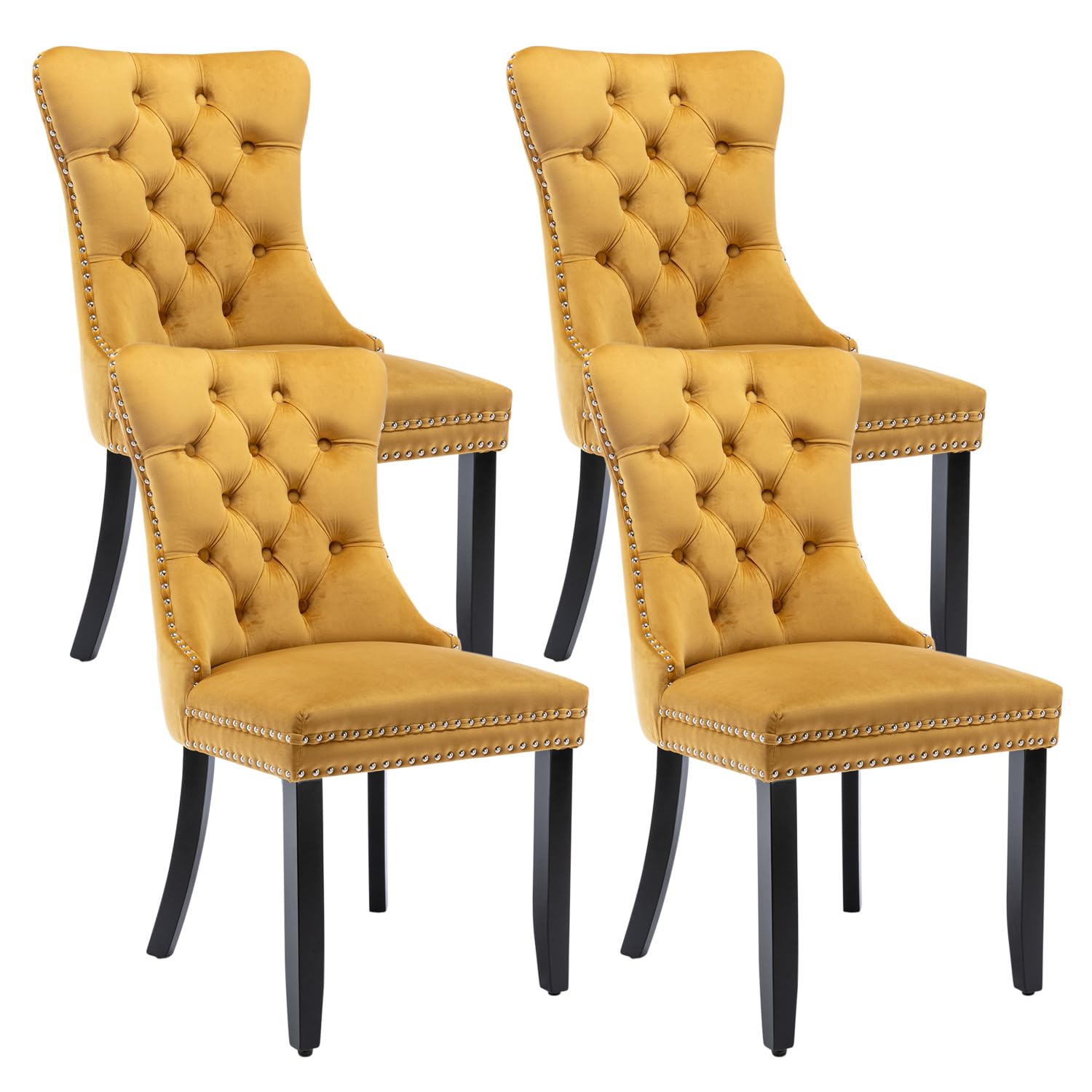 Two mustard yellow tufted chairs on a white background