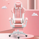 Pink and white gaming chair with 'EAST SEAT' branding on a pink background
