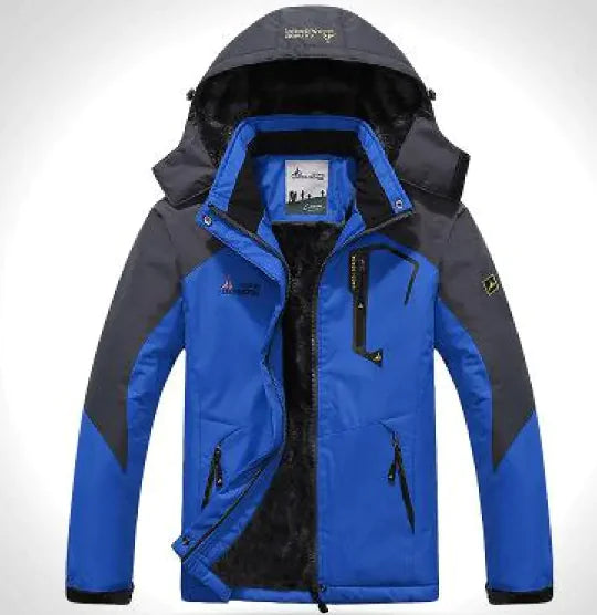 A outdoor jacket with a hood, multiple zippered pockets, and a logo on the chest and sleeve. The jacket appears to be designed for cold or wet weather, with a waterproof or windproof material.