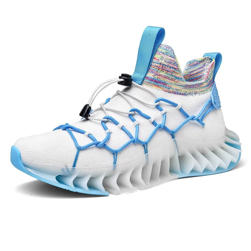 White knit trainer with blue cage lacing, pull tabs and sculpted translucent sole.