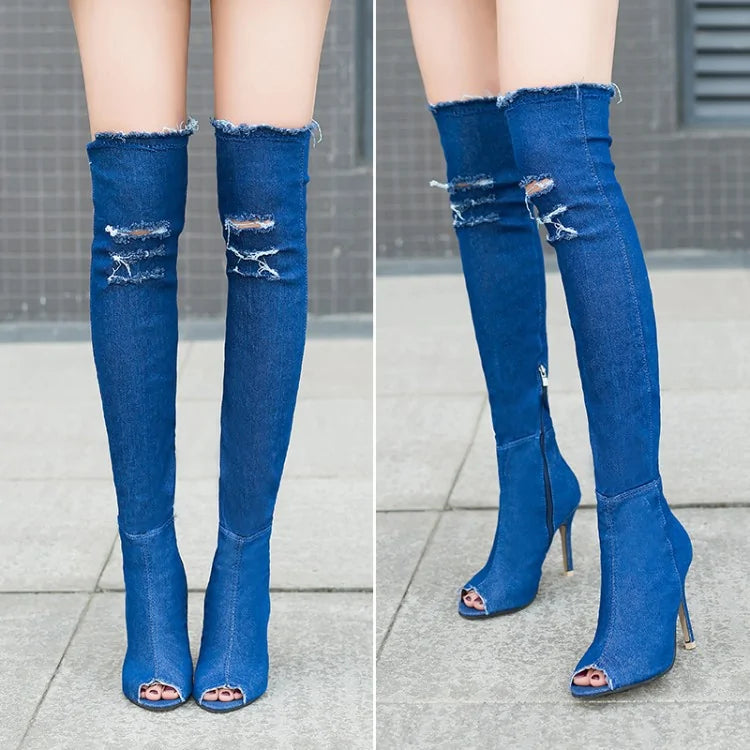 Ladies Over The Knee Denim Boots