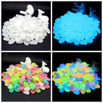 Colorful glowing stones displayed in four sections. The top left shows white stones, the top right shows the stones glowing blue, the bottom left shows a mix of colorful stones, and the bottom right shows the colorful stones glowing in various shades.