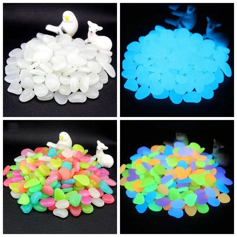 Colorful glowing stones displayed in four sections. The top left shows white stones, the top right shows the stones glowing blue, the bottom left shows a mix of colorful stones, and the bottom right shows the colorful stones glowing in various shades.