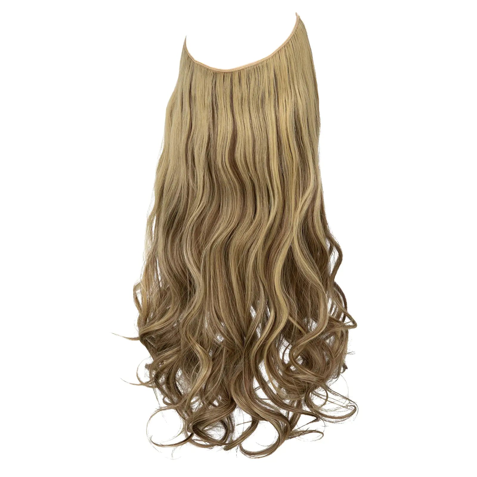 Long wavy blonde hair extension weft with darker lowlights and loose curls at the ends, shown on a white background.