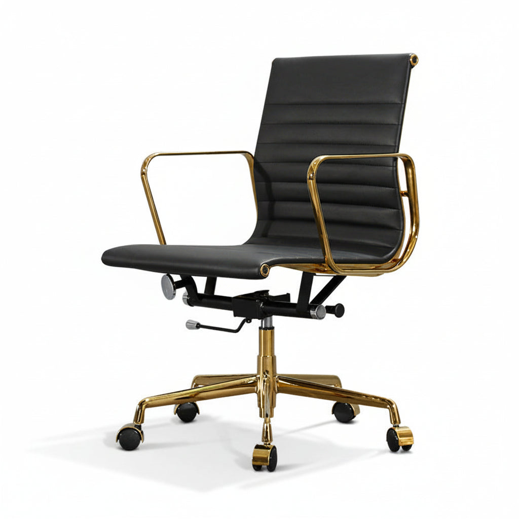 Black office chair with gold accents on a white background