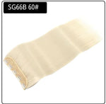 A studio product image of a pale blonde hair extension/weft with straight, silky strands on a white background. A small label in the top-left corner reads “SG66B M22/613#.”
