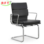 Black office chair with chrome frame on a white background, featuring the RFT logo.