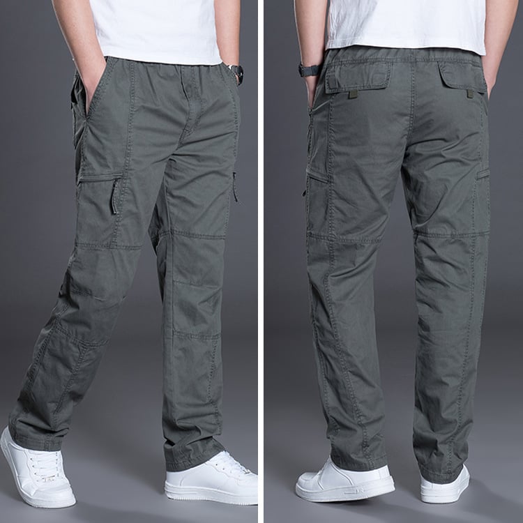 Gray cargo pants shown from front and back on a gray background