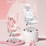 Pink and white gaming chair on a pink background with text overlay