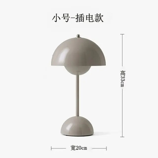 Product image of a small dome-shaped table lamp in light gray with Chinese text; dimensions shown as 33 cm tall and 20 cm wide.