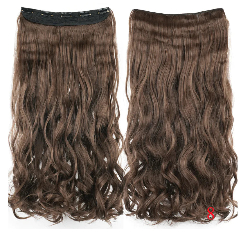 Two long wavy clip-in hair extension pieces in medium ash brown, shown front and back on a white background with the label “Medium Ash Brown.
