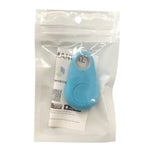 Small blue keychain-style Bluetooth tracker with a round button, sealed in a clear resealable plastic pouch with an instruction card inside.
