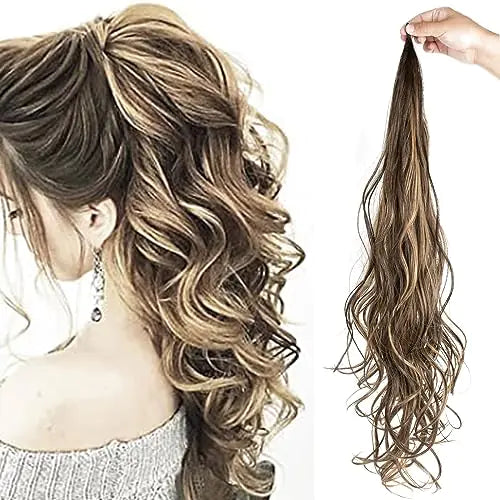 Split image showing a woman wearing a curly ponytail hair extension with brown hair and blonde highlights, and a hand holding the matching wavy ponytail piece on a white background.