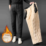 Black quilted joggers shown with a thick beige fleece lining, highlighting a warm thermal design.