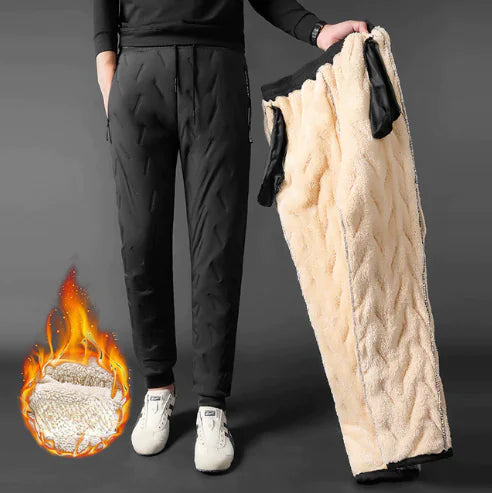 Black quilted joggers shown with a thick beige fleece lining, highlighting a warm thermal design.