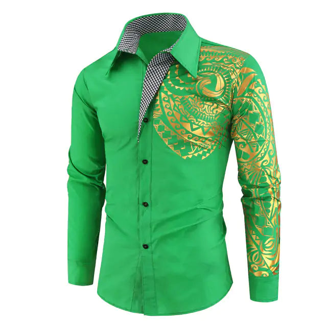 Green grey button-up shirt with checked collar, cuffs and placket trim.
