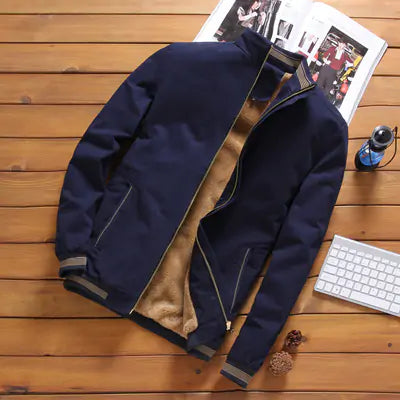 Navy hooded jacket with floral print sleeves, zip front and drawstring details.
