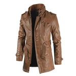 Men’s tan leather-look longline biker jacket.
