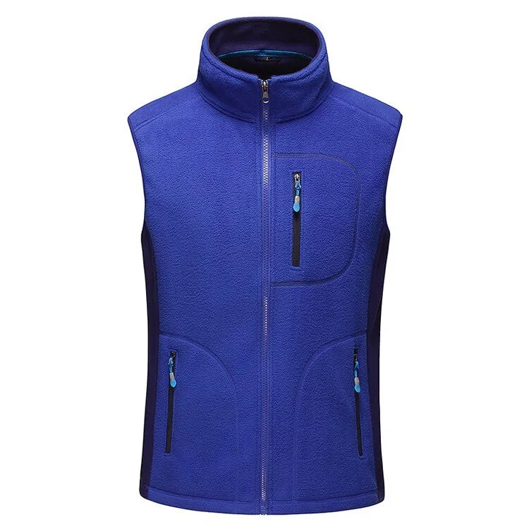 Royal blue fleece zip-up vest with a high collar and three zippered pockets (one chest pocket and two hand pockets), shown on a white background.