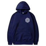 Navy pullover hoodie with a white logo on the chest.