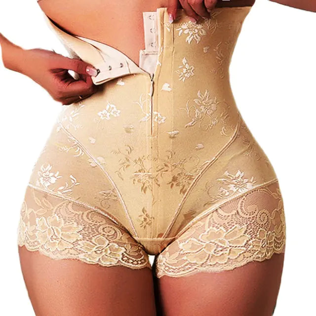 Beige floral lace high-waist shapewear shorts with front hooks.