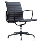 Black office chair with ribbed design on a white background