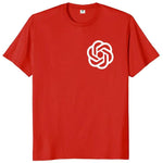 Red short-sleeve T-shirt with a white OpenAI-style knot logo printed on the left chest.