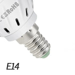 Close-up of an E14 light bulb base with metal threads and a white bulb casing, showing a green mark on the bottom.
