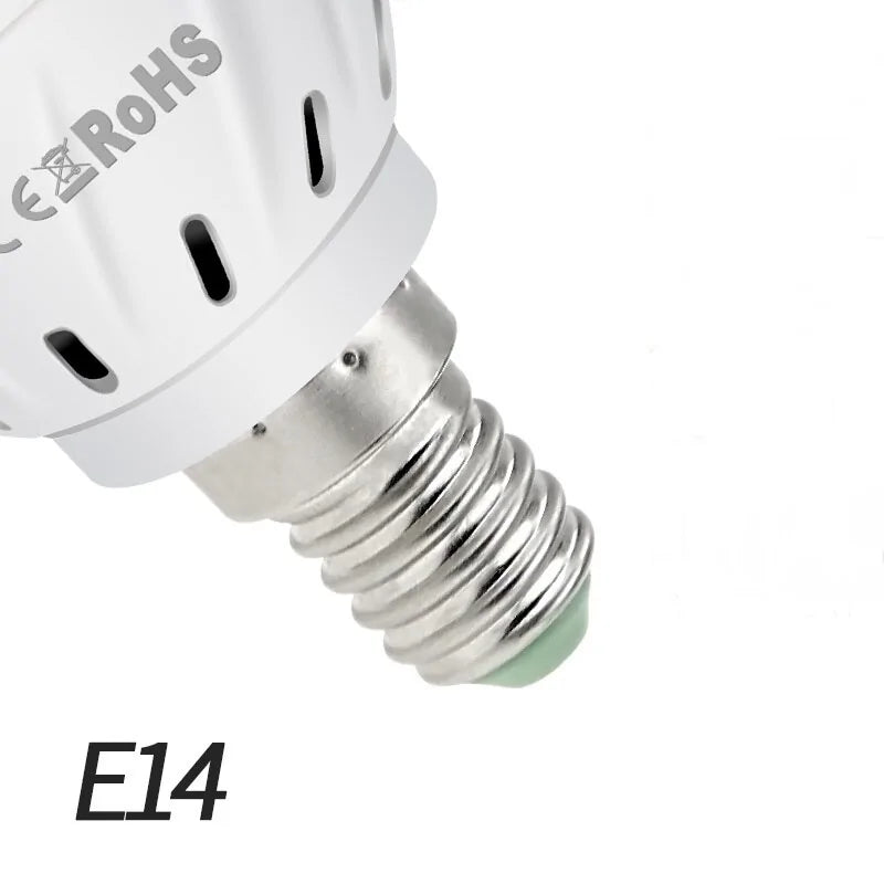 Close-up of an E14 light bulb base with metal threads and a white bulb casing, showing a green mark on the bottom.