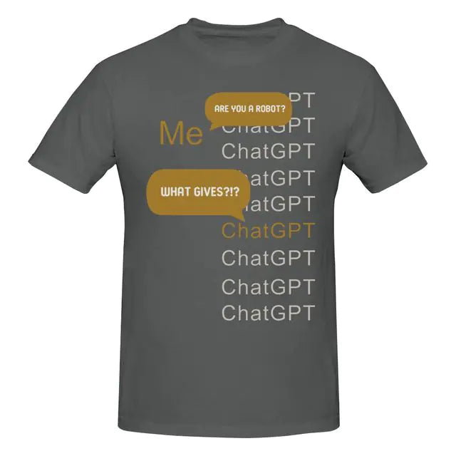 Brief alt text: Dark grey T-shirt with a humorous ChatGPT-themed text design featuring speech bubbles and repeated “ChatGPT” lettering.
