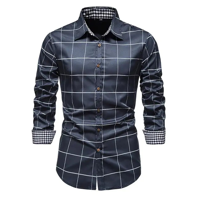 Men’s navy long-sleeve checked shirt with button front, pointed collar and contrasting gingham inner cuffs and collar.
