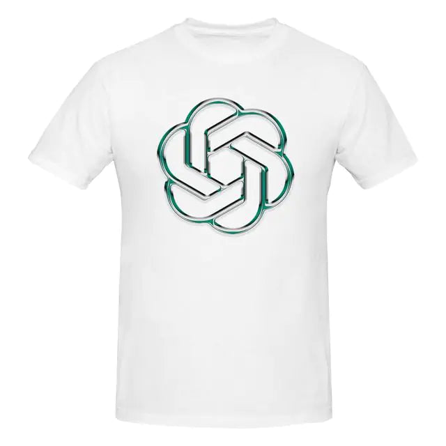 White T-shirt with a large geometric green and grey emblem printed on the front.