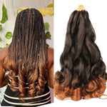 Left image shows a woman with long, braided hair, while the right side displays a wavy hair extension weft in a deep reddish-brown color.