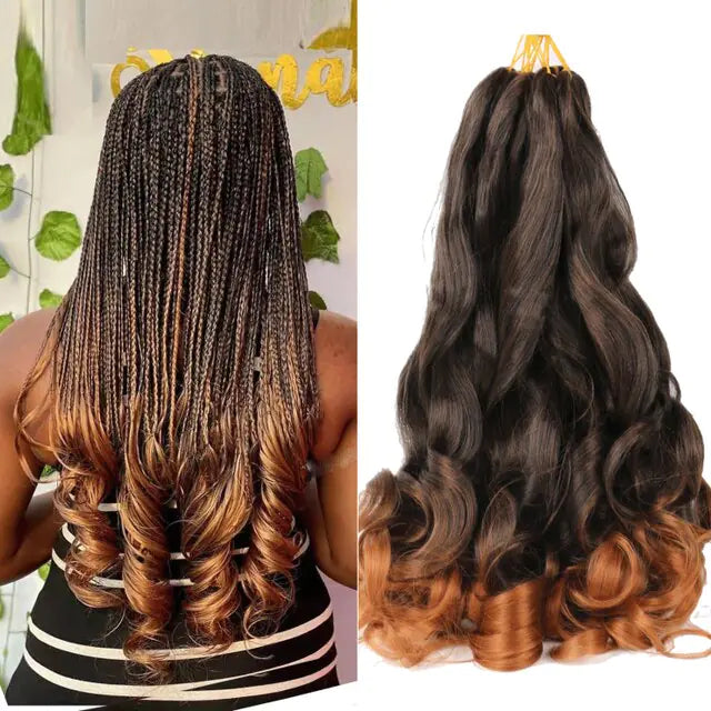 Left image shows a woman with long, braided hair, while the right side displays a wavy hair extension weft in a deep reddish-brown color.