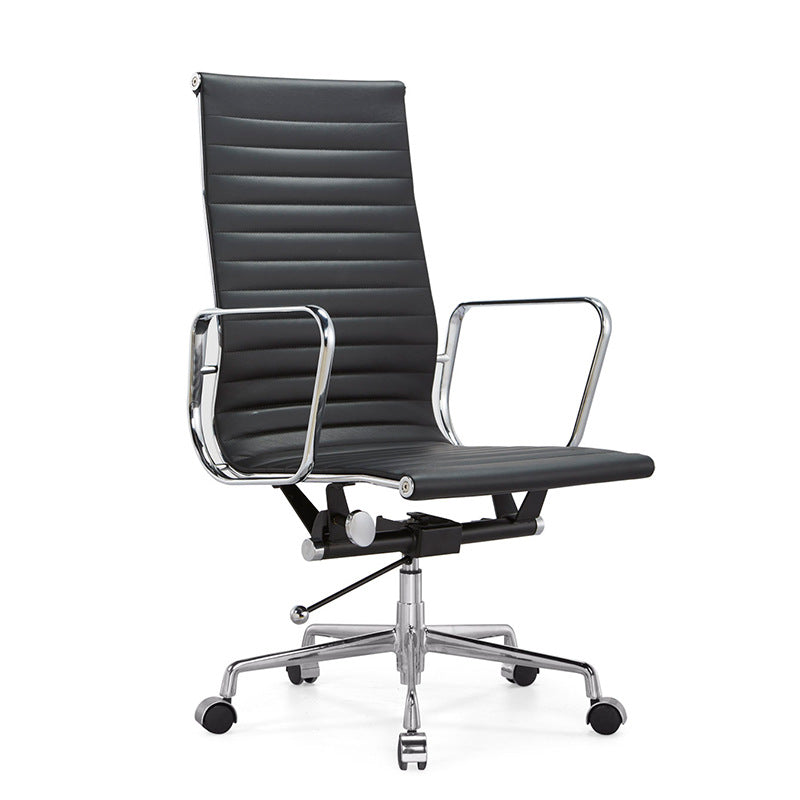 Black office chair with chrome frame on a white background