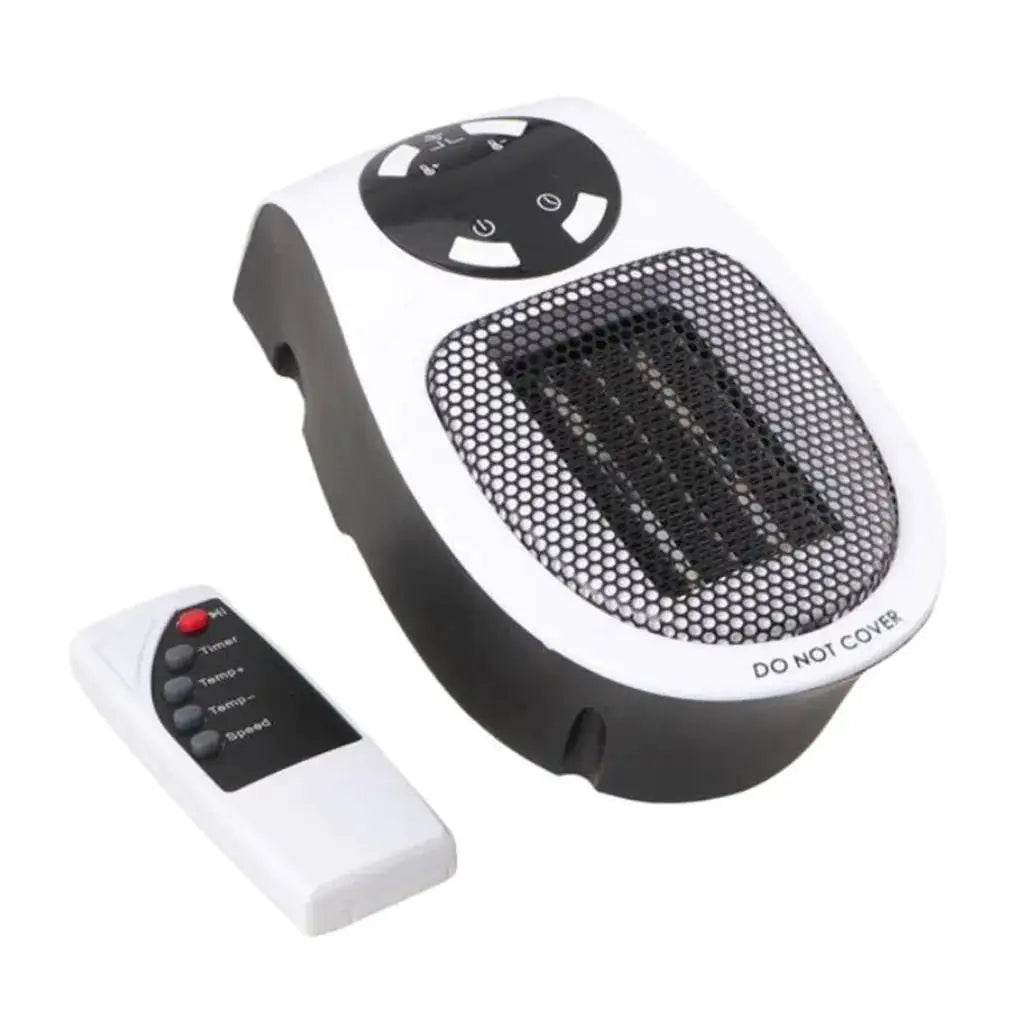 Portable plug-in space heater with front safety grille, top control buttons, and matching remote control.